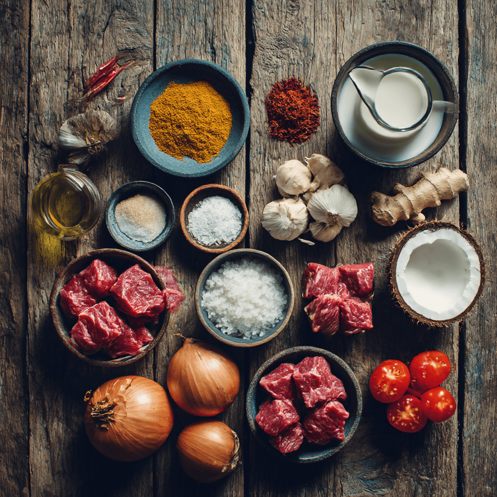 Fresh ingredients for making Gordon Ramsay Beef Curry arranged on wooden surface