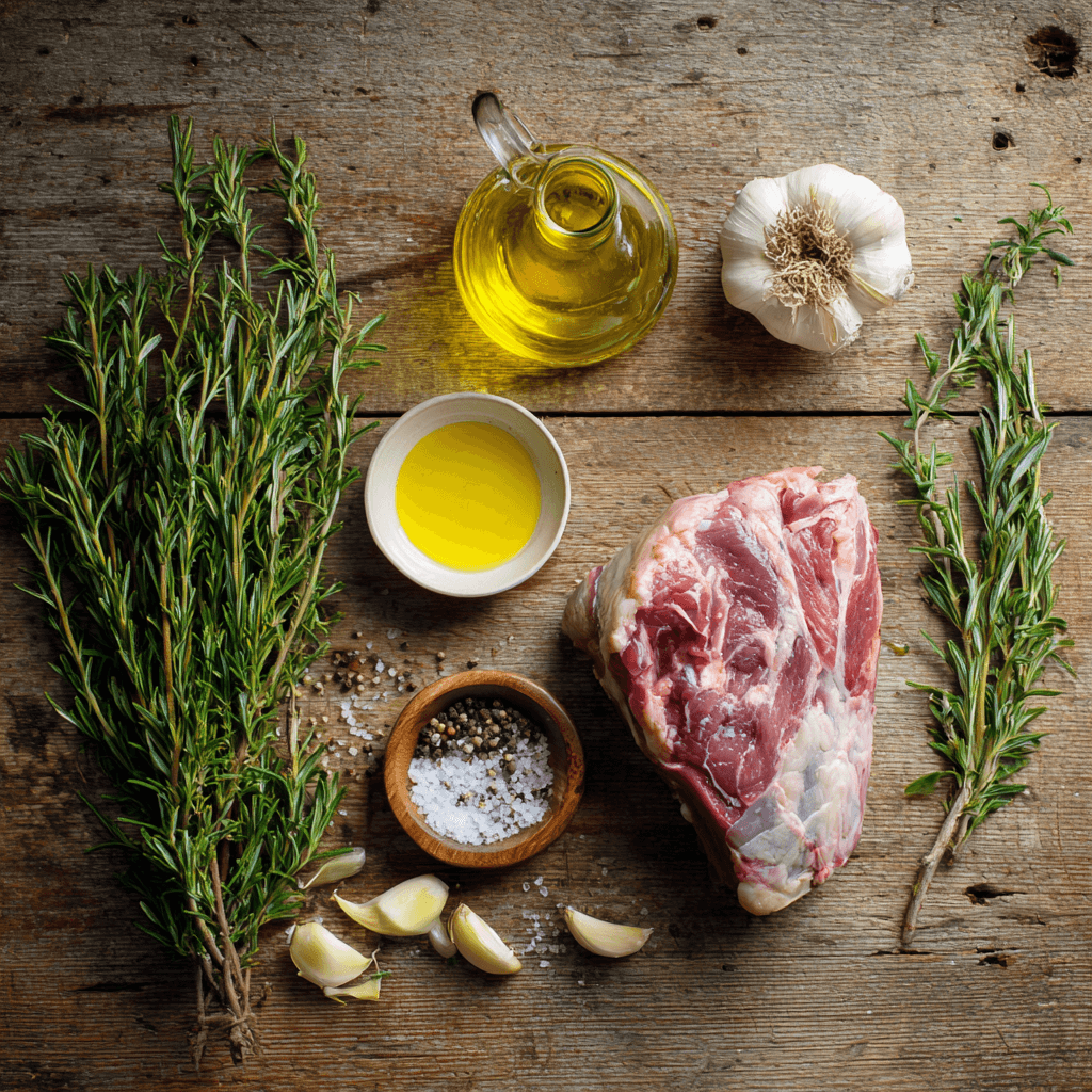 Fresh ingredients for making Gordon Ramsay Roast Leg Of Lamb arranged on wooden surface