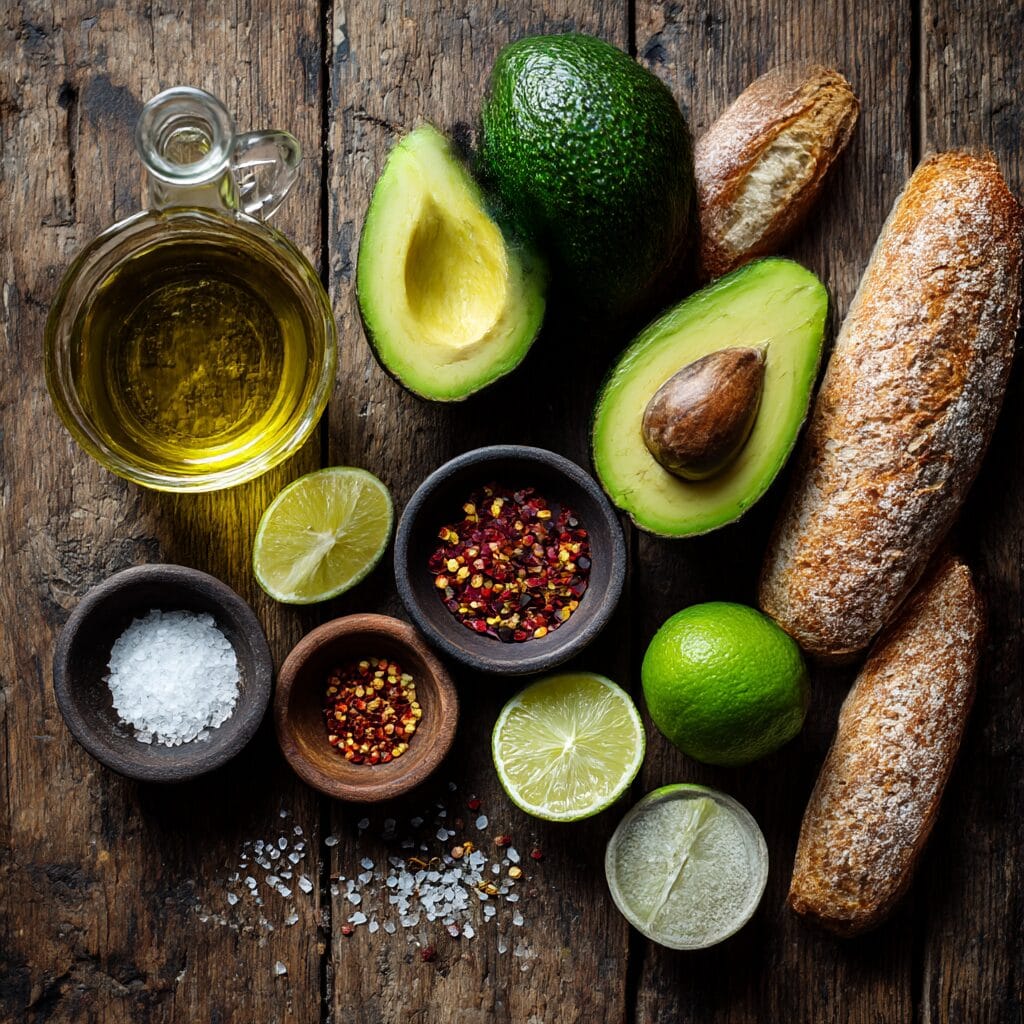 Fresh ingredients for making Gordon Ramsay Avocado Toast arranged on wooden surface