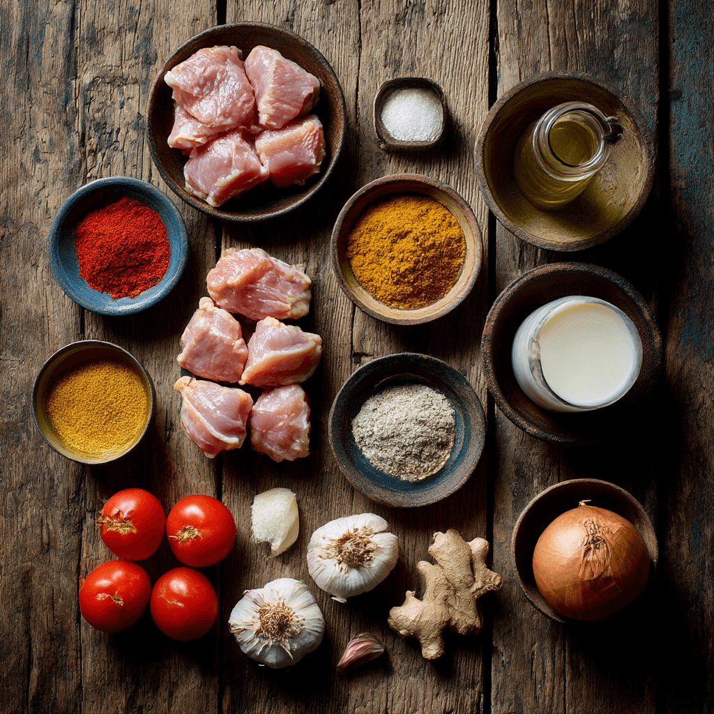 Overhead flat lay photograph of ingredients needed for Gordon Ramsay Chicken Madras, arranged aesthetically on rustic wooden surface, natural window lighting from top-left, minimalist composition, individual ingredients clearly visible and separated including chicken pieces, curry powder, garam masala, onions, garlic, ginger, tomatoes, coconut milk, neutral background, food styling, editorial quality