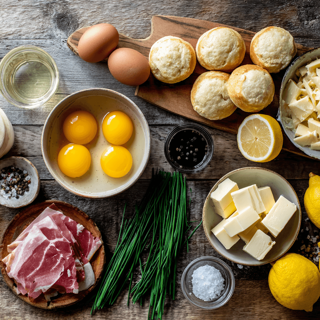 Fresh ingredients for making Gordon Ramsay Eggs Benedict laid out on wooden surface