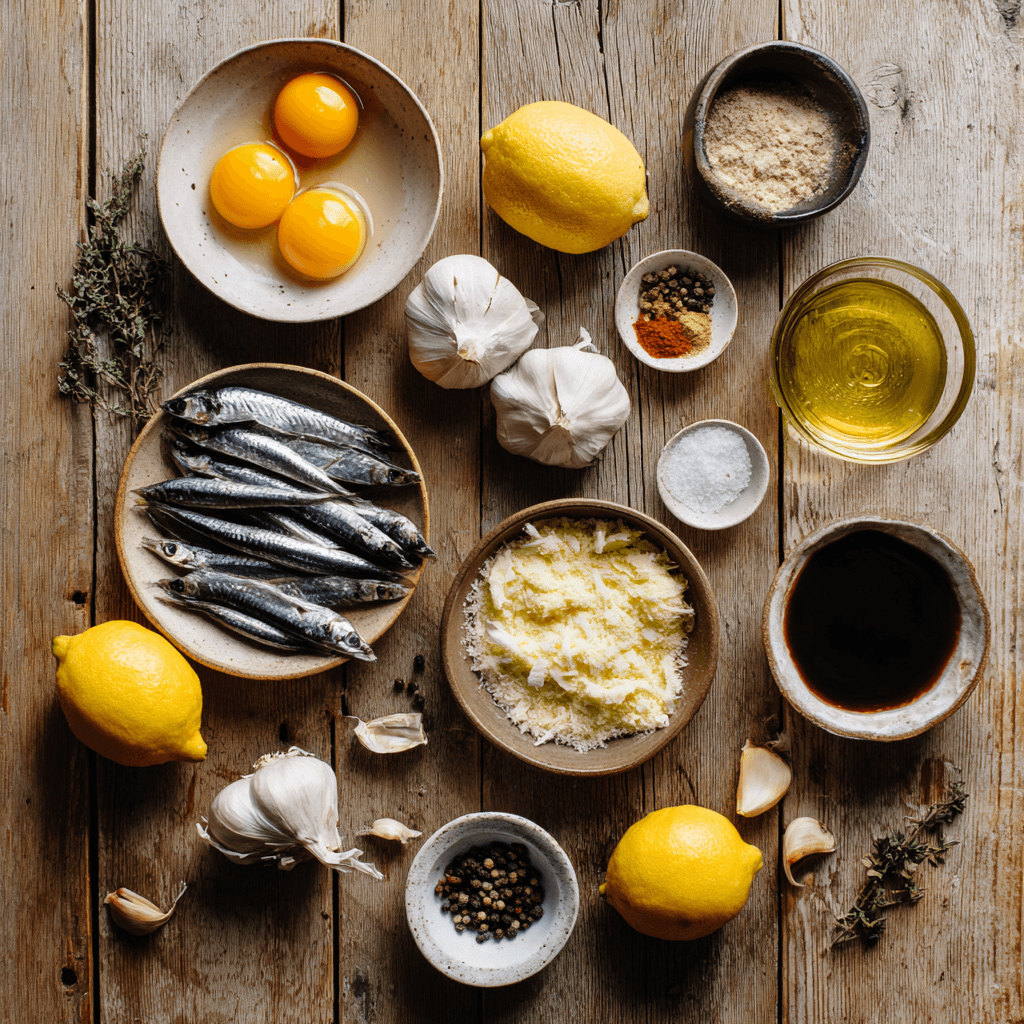 Fresh ingredients for making Gordon Ramsay Caesar Dressing arranged on wooden surface