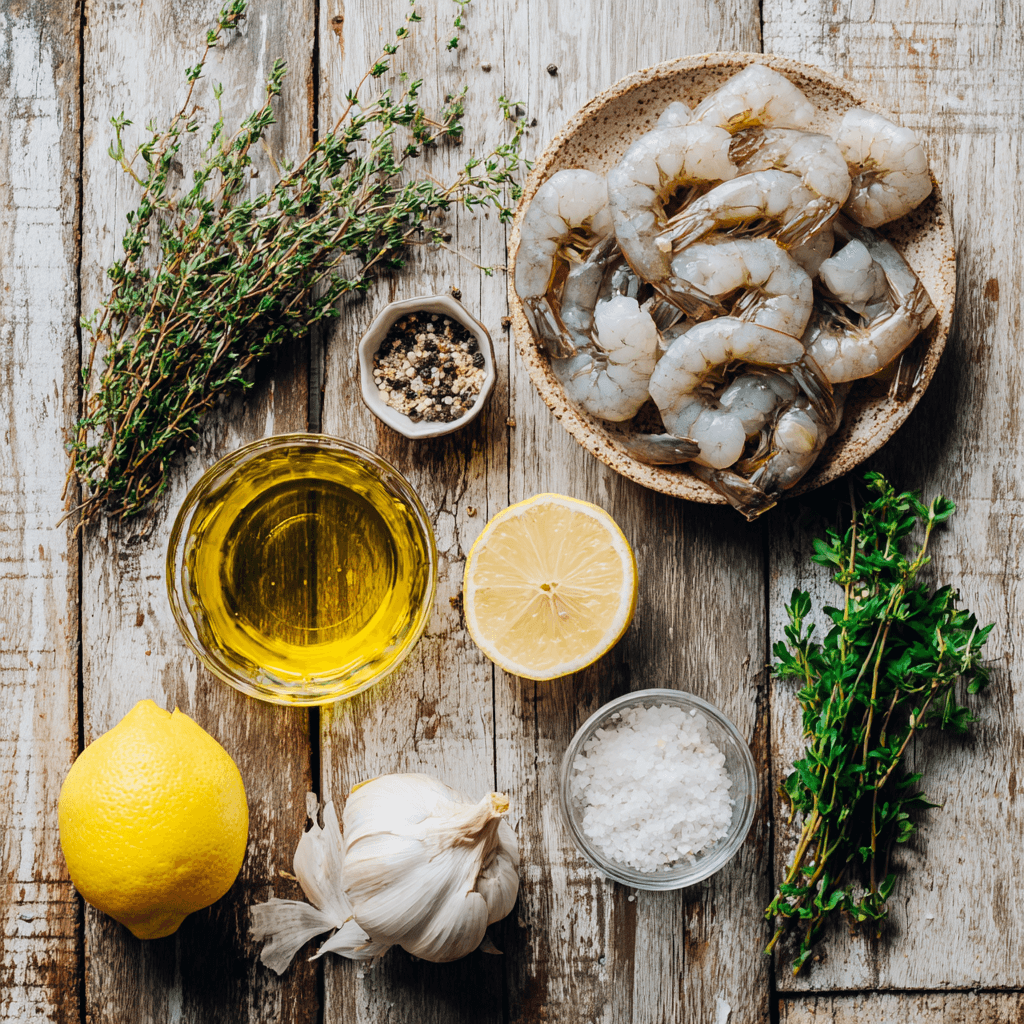 Fresh ingredients for making Gordon Ramsay Grilled Shrimp arranged on wooden surface